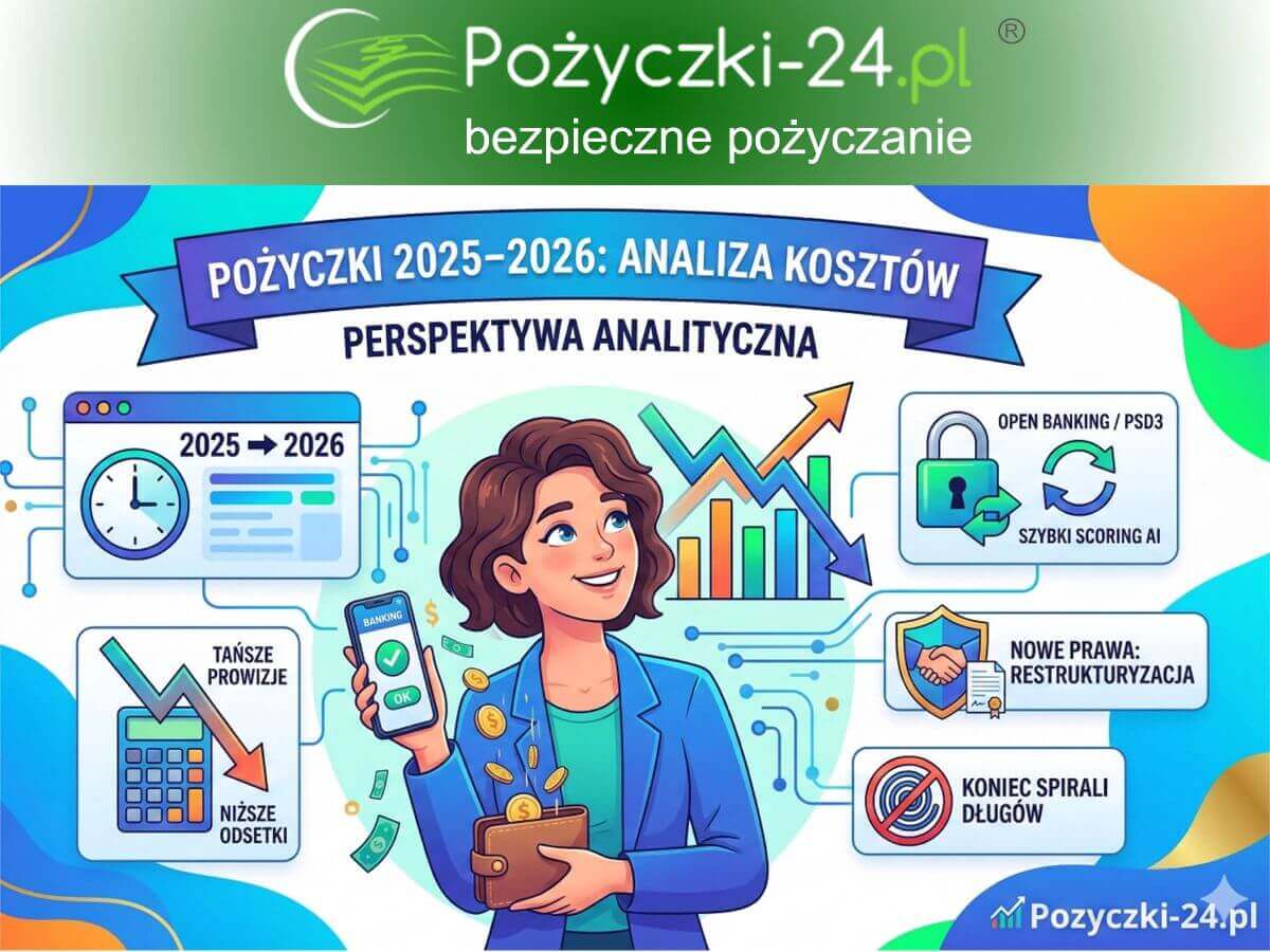 Infografika przedstawiająca spadek kosztów pożyczek pozabankowych w latach 2025-2026, korzyści z dyrektywy PSD3 oraz nowe prawo konsumenta do restrukturyzacji zadłużenia.