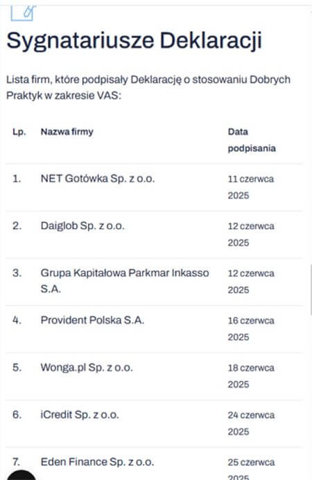 Zrzut ekranu z listy firm, które podpisały Deklarację o stosowaniu Dobrych Praktyk w zakresie VAS