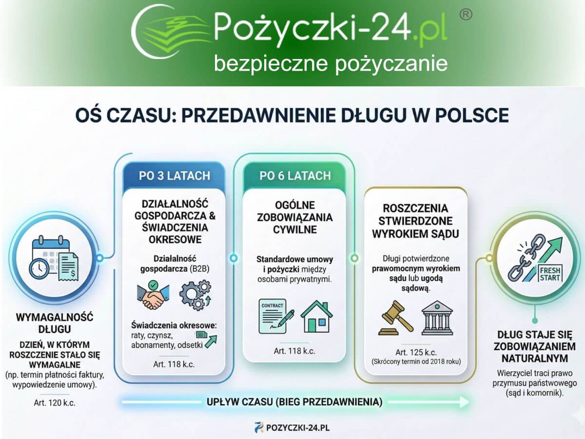 Oś czasu przedstawiająca terminy przedawnienia długu w Polsce, wskazująca 3 lata dla działalności gospodarczej i 6 lat dla ogólnych zobowiązań cywilnych.