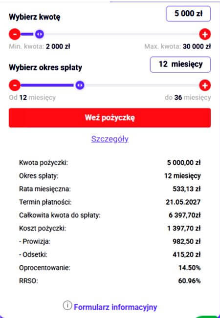 Zrzut ekranu z pożyczki Ekassa: koszt finansowania na raty