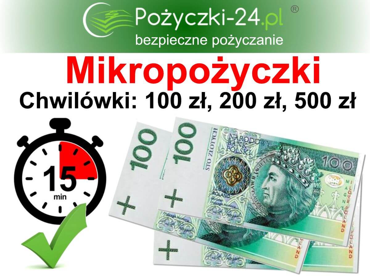 Chwilówki 100 zł, 200 zł, do 500 zł - 300 zł w banknotach, zegar pokazujący wypłatę w 15 minut