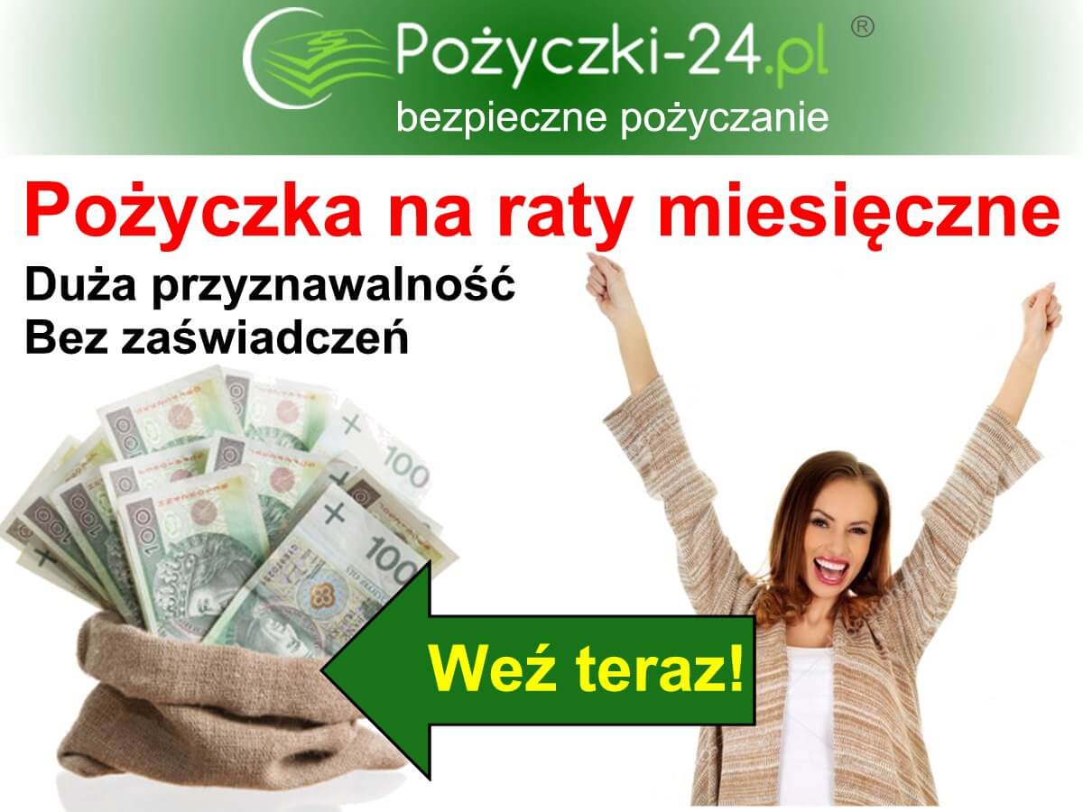 Pożyczki na raty miesięczne - zadowolona kobieta z otrzymania finansowania ratalnego potwierdzając dużą przyznawalność z minimum formalności, na rysunku worek z gotówką.