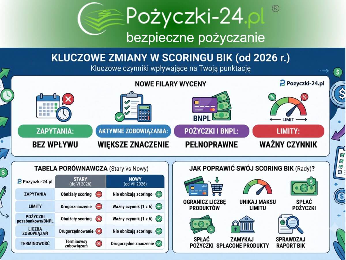 Najważniejsze czynniki nowego modelu scoringowego BIK obowiązującego od 1 lipca 2026 roku: aktywne zobowiązania, limity kredytowe, BNPL i terminowość spłat.