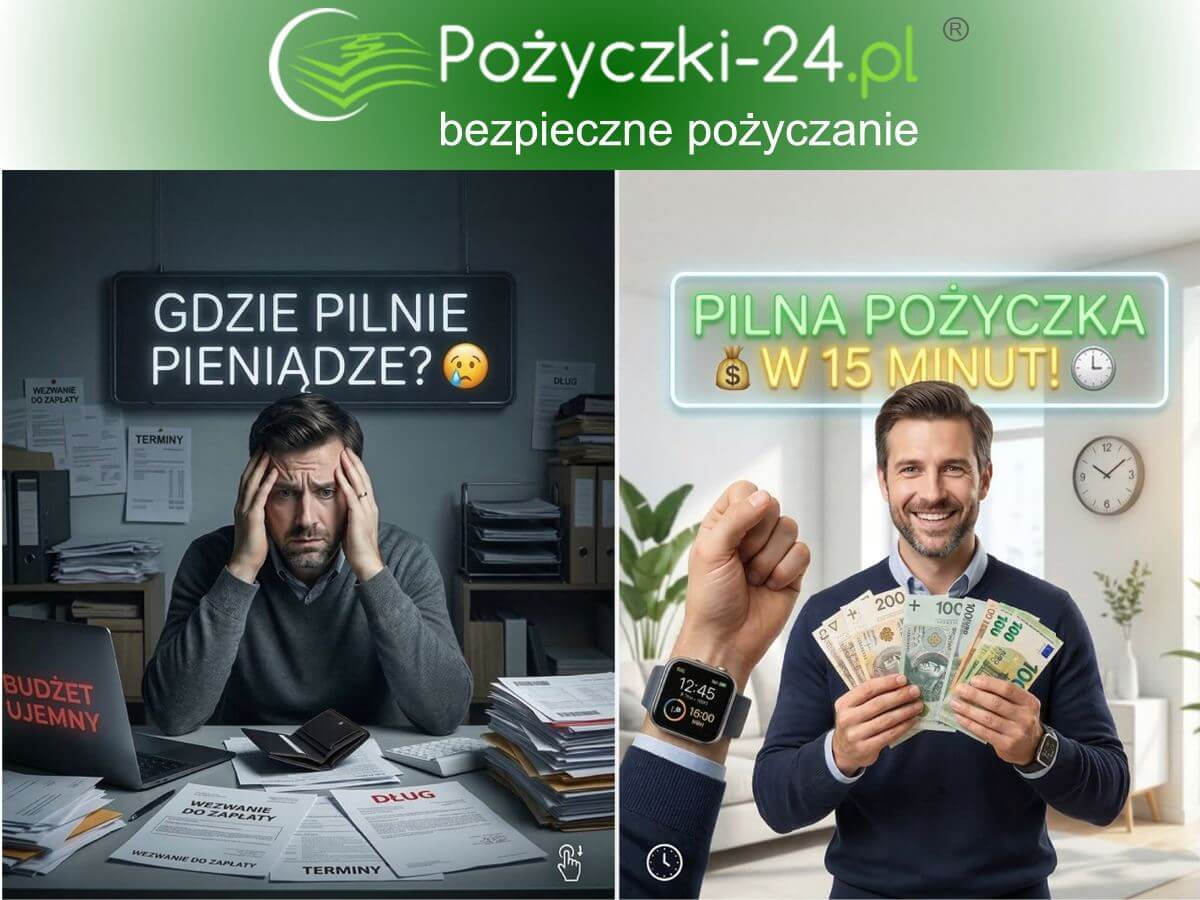 Pilna pożyczka na dzisiaj jako rozwiązanie problemów na już: po lewej zmartwiony mężczyzna, po prawej zadowolony człowiek z gotówką na nagłe wydatki.