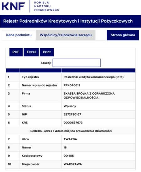 Potwierdzenie wpisu Ekassa do rejestru KNF