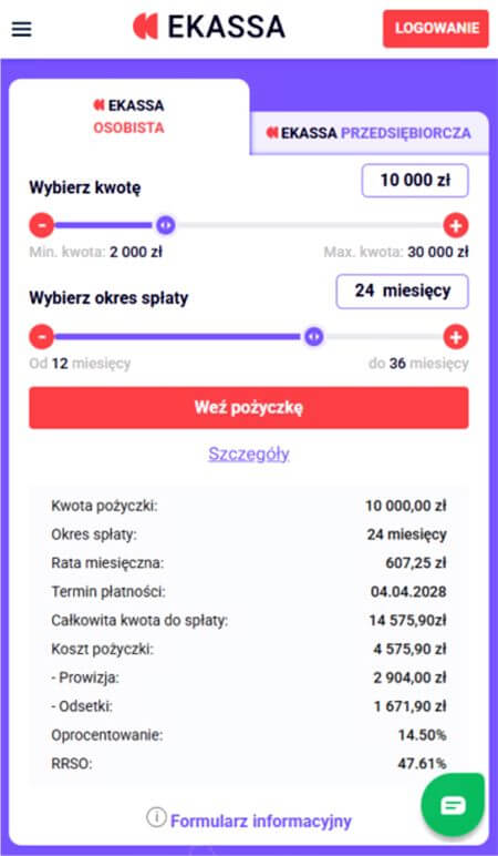 Zrzut ekranu ze strony Ekassa potwierdzający elementy kosztu konkretnej pożyczki (kwota: 10 000 zł, okres: 24 miesiące)
