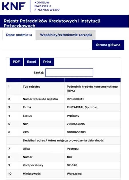 Potwierdzenie wpisu Kuki (Fincapital Sp. z o.o.) do rejestru KNF