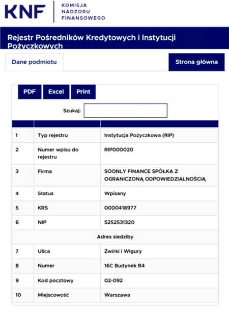 Potwierdzenie wpisu spółki Soonly Finance (ViviGo) do rejestru KNF