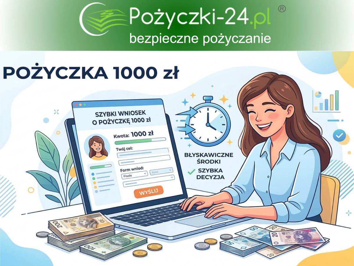 Pożyczka 1000 zł: Uśmiechnięta kobieta wypełniająca na laptopie prosty wniosek o pożyczkę bez zaświadczeń, w otoczeniu banknotów i zegara symbolizującego szybką decyzję