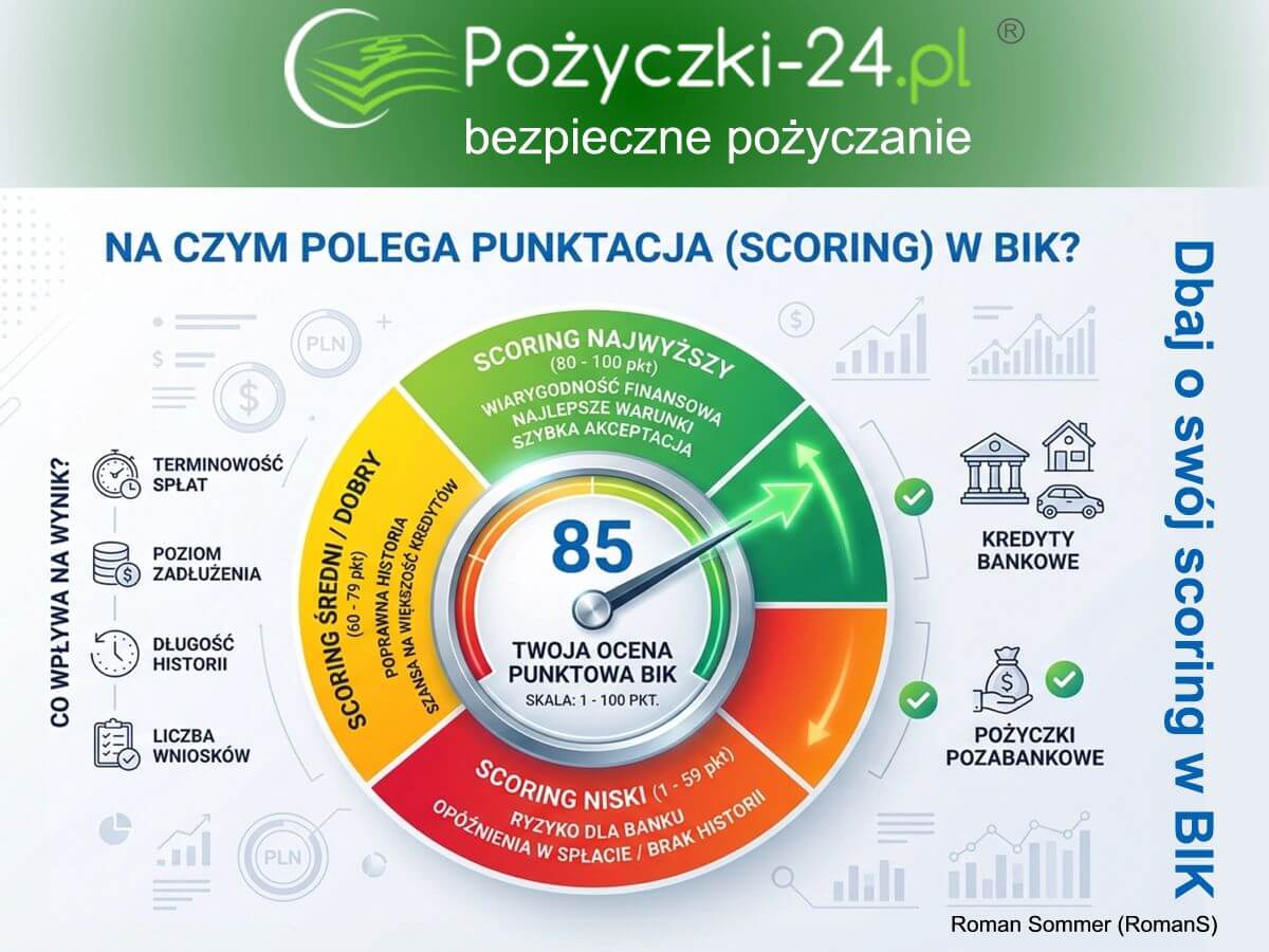 Pożyczki bez BIK: diagram kołowy z podziałem na scoring (punktację) w Biurze Informacji Kredytowej, który decyduje o wiarygodności klienta - odmowie lub przyznaniu finansowania.