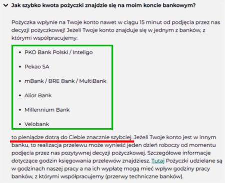Zrzut ekranu ze strony Finbo potwierdzający deklarowany czas wypłaty