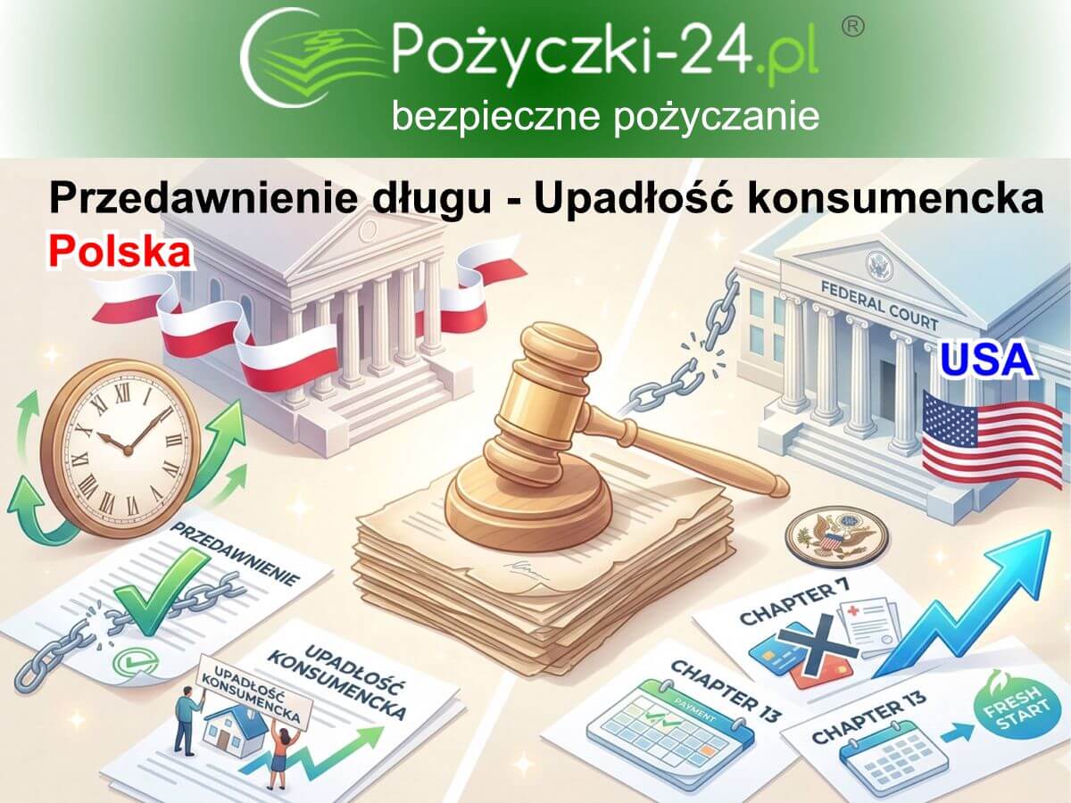 Grafika koncepcyjna porównująca legalne metody oddłużania: polską upadłość konsumencką i przedawnienie z amerykańskim systemem bankructwa na tle sądów.
