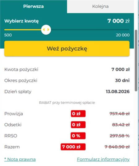 Potwierdzenie pierwszej pożyczki za darmo w Finbo