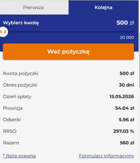 Zrzut ekranu ze strony Kuki potwierdzający elementy kosztu finansowania na kwotę 500 zł
