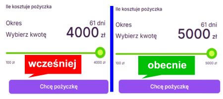 Zrzut ekranu z oferty ViviGo: zmiana limitu pierwszej pożyczki