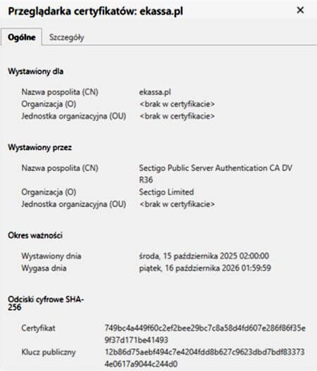 Potwierdzenie certyfikatu SSL dla Ekassa - weryfikacja Pozyczki-24.pl
