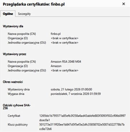 Potwierdzenie certyfikatu SSL dla Finbo - weryfikacja Pozyczki-24.pl
