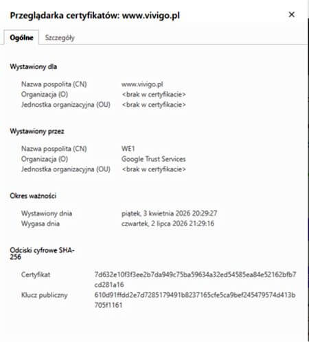 Potwierdzenie certyfikatu SSL dla ViviGo - weryfikacja Pozyczki-24.pl