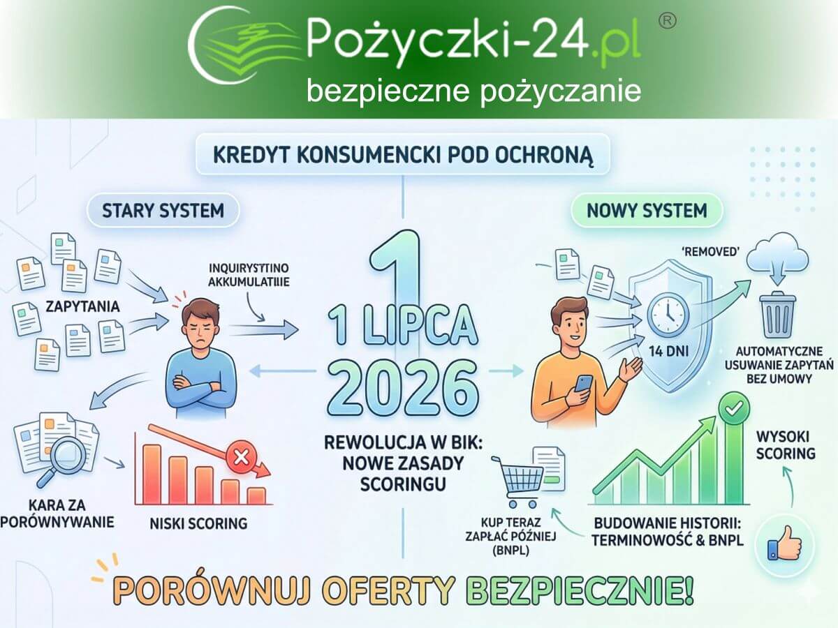 Porównanie zasad BIK przed i po 1 lipca 2026 roku. Ilustracja pokazuje mechanizm usuwania zapytań kredytowych bez umowy oraz budowanie historii kredytowej przez terminowe spłaty.